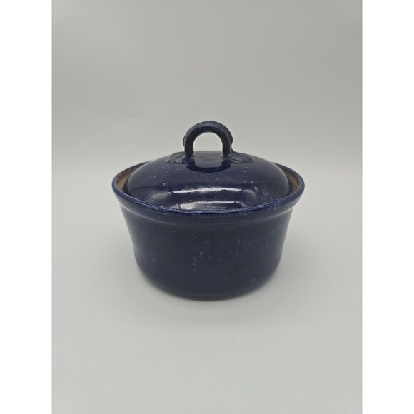 Vintage Stoneware Speckled Cobalt Blue Hand Made Sugar Bowl Signed by Artist - Picture 2 of 10